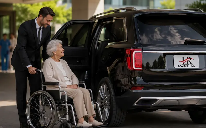 Private chauffeur assisting a senior passenger outside a Houston medical facility with a luxury Black SUV for healthcare travel.